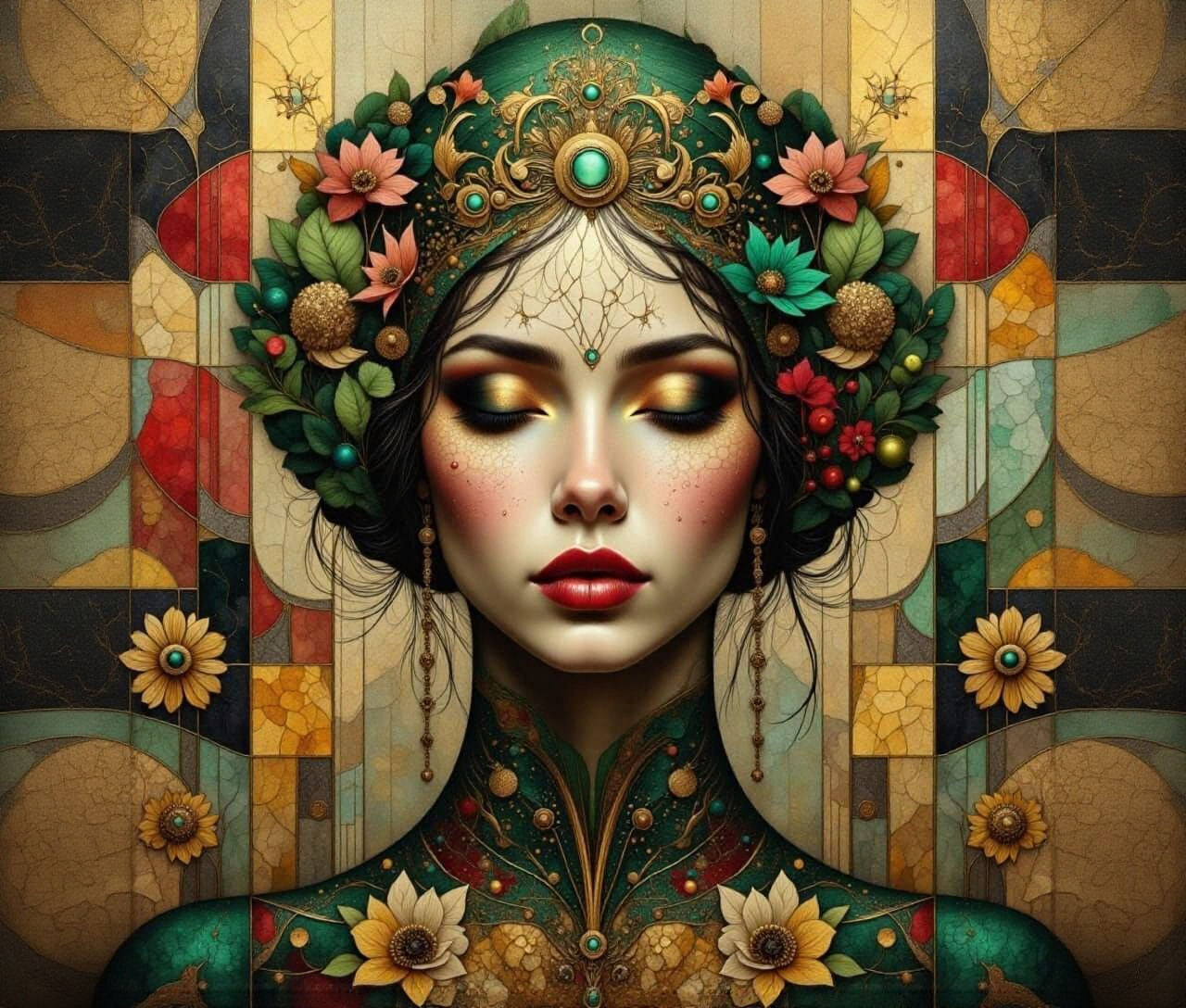 Geometric Portrait in Green, Red, and Gold