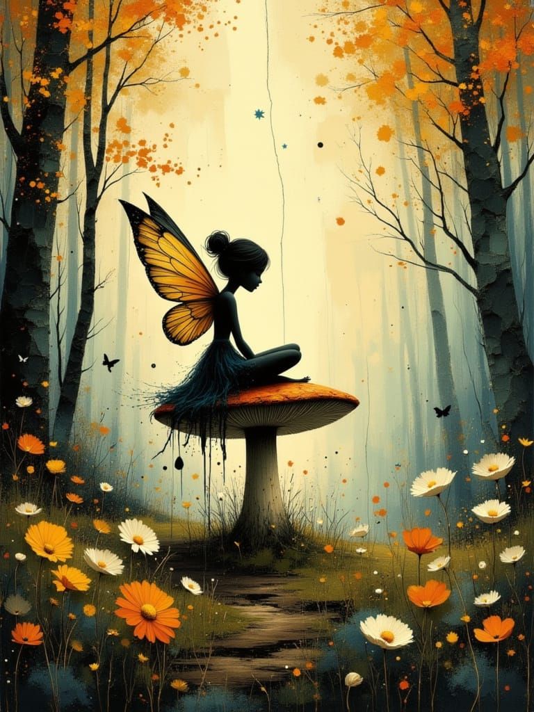 Fairy on Toadstool in Sun Dappled Autumn Wood