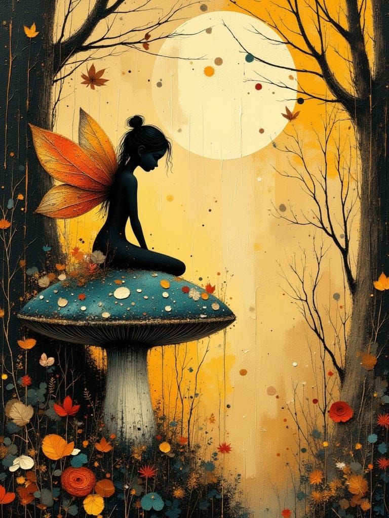 Enchanting Fairy on Toadstool in Sunlit Autumn Woods
