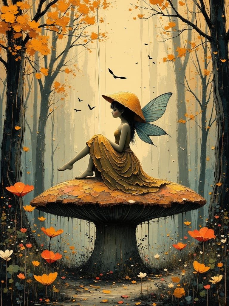 Fairy on Toadstool in Autumn Wood