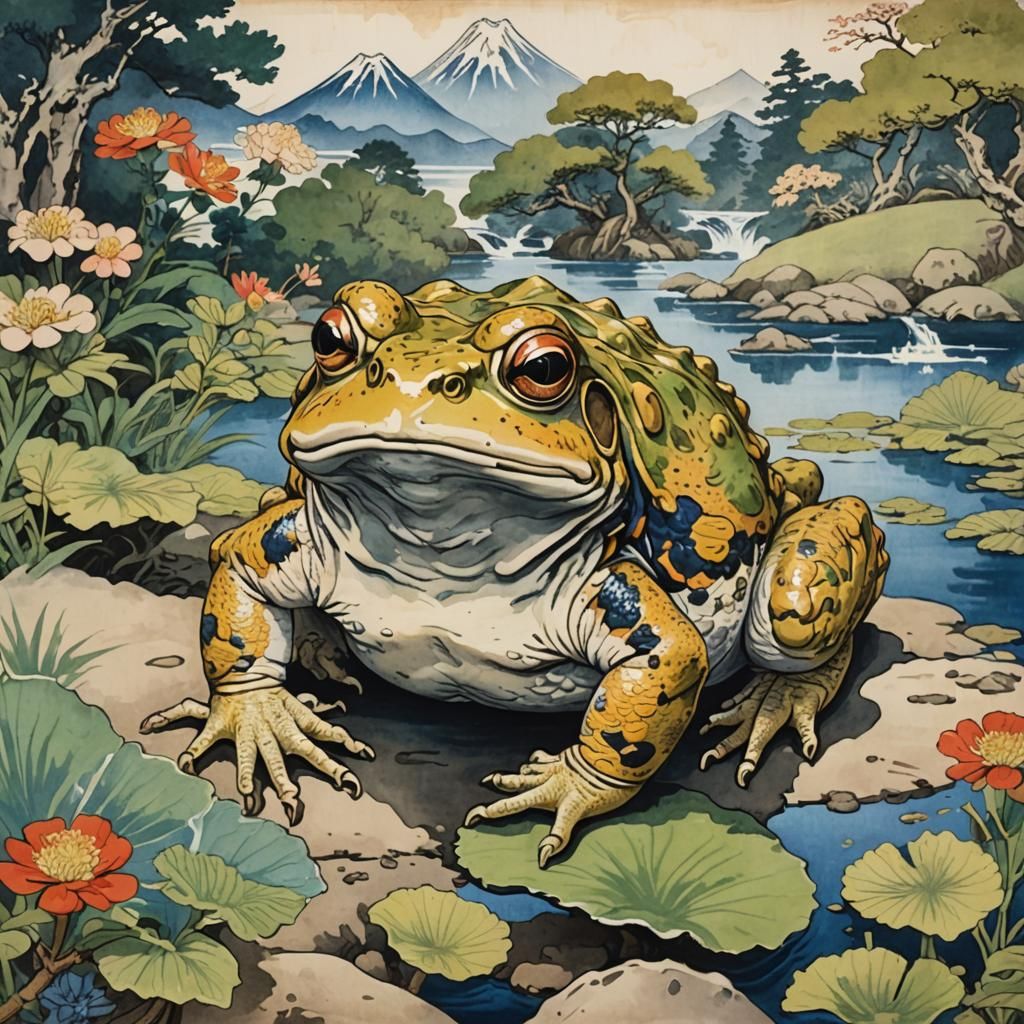 Grumpy Toad in Gouache Style, Vintage Japanese Art