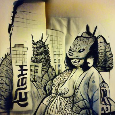 Geisha and Kaiju in Cyberpunk Cityscape