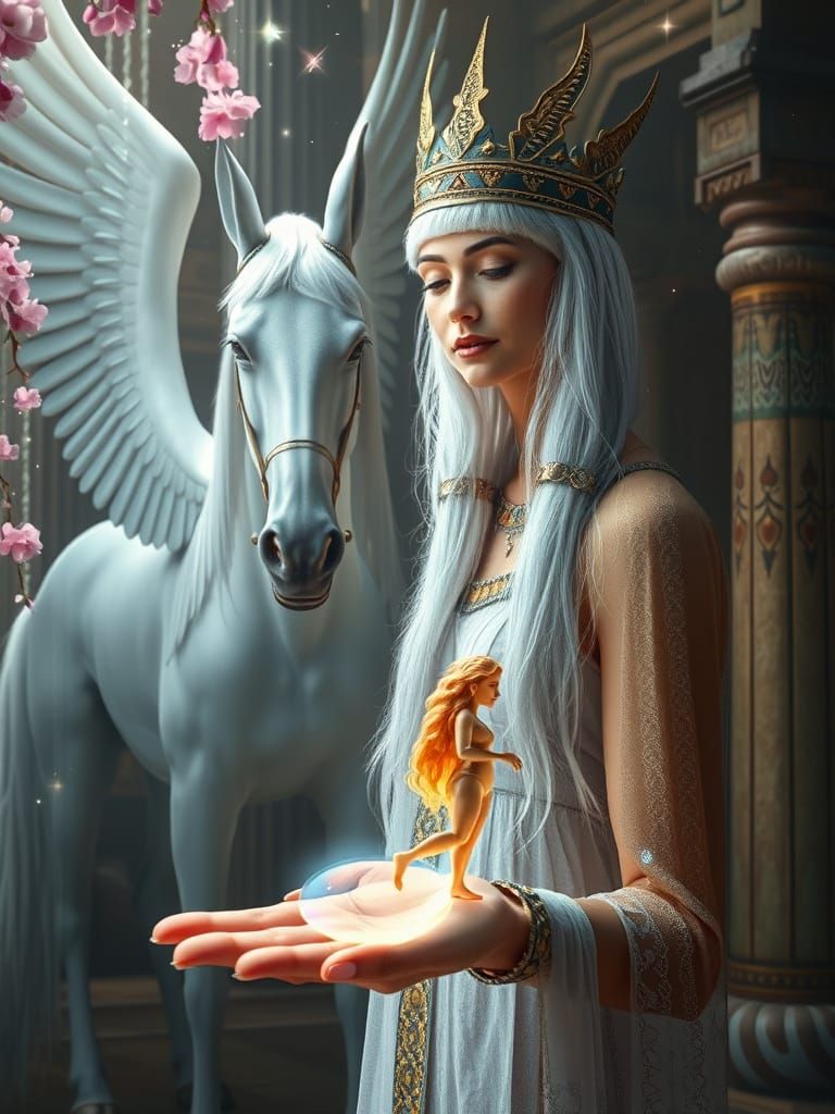 White-Haired Nefertiti with Pegasus and Nymphs in Luminous E...