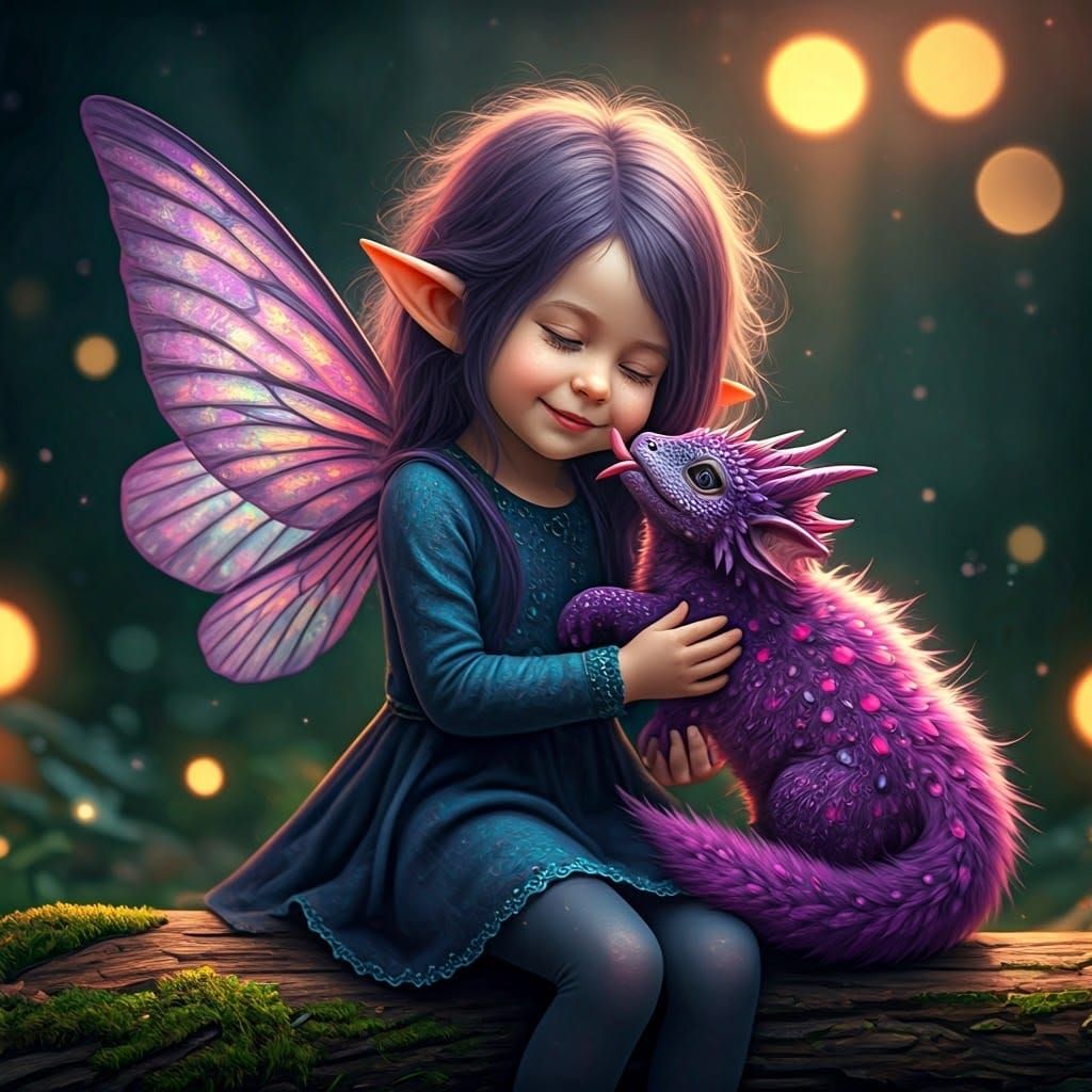 Fairy Girl with Dragon in Enchanted Forest