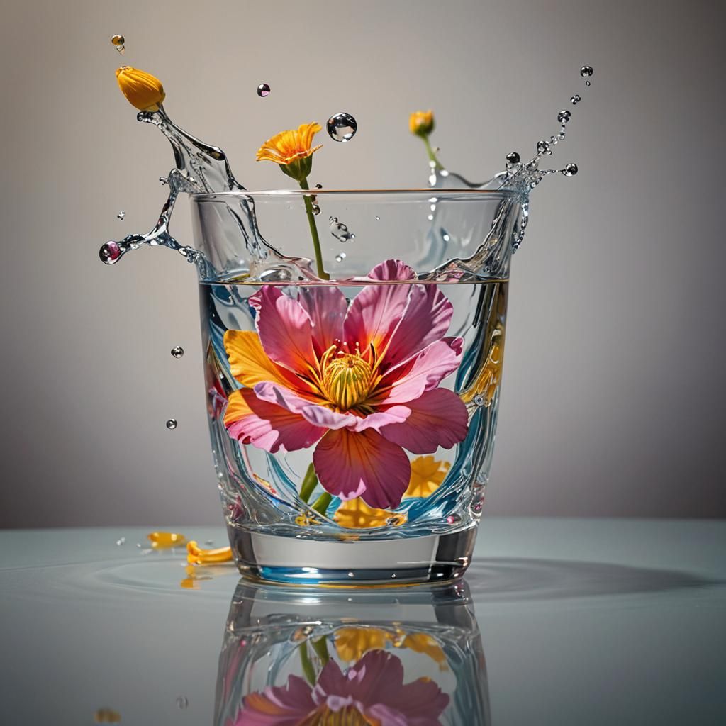 Hyperrealistic Flower Reflection in Splash Art Style