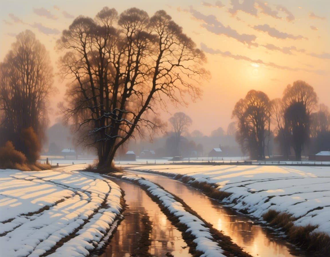 Dutch-Style Winter Landscape at Sunrise