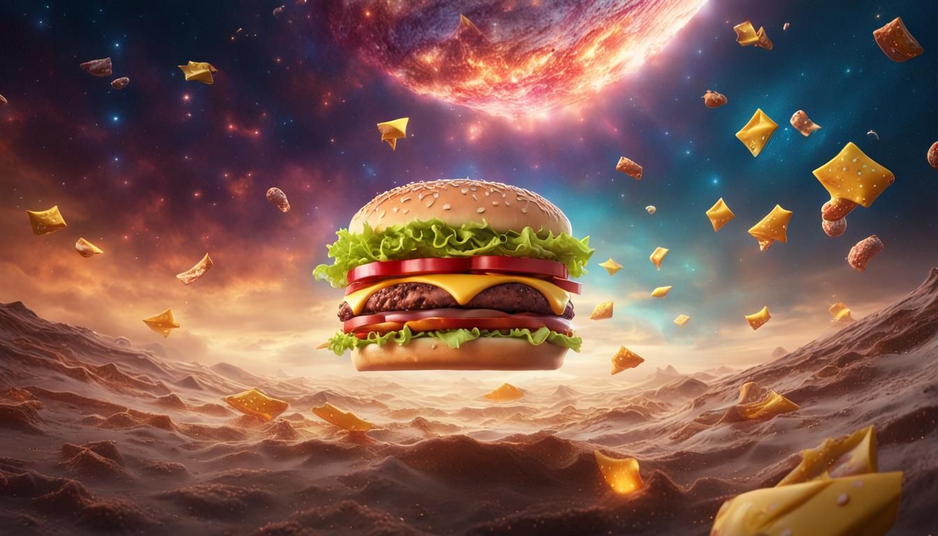Burger Wrappers Adrift in Space: A Surreal Scene