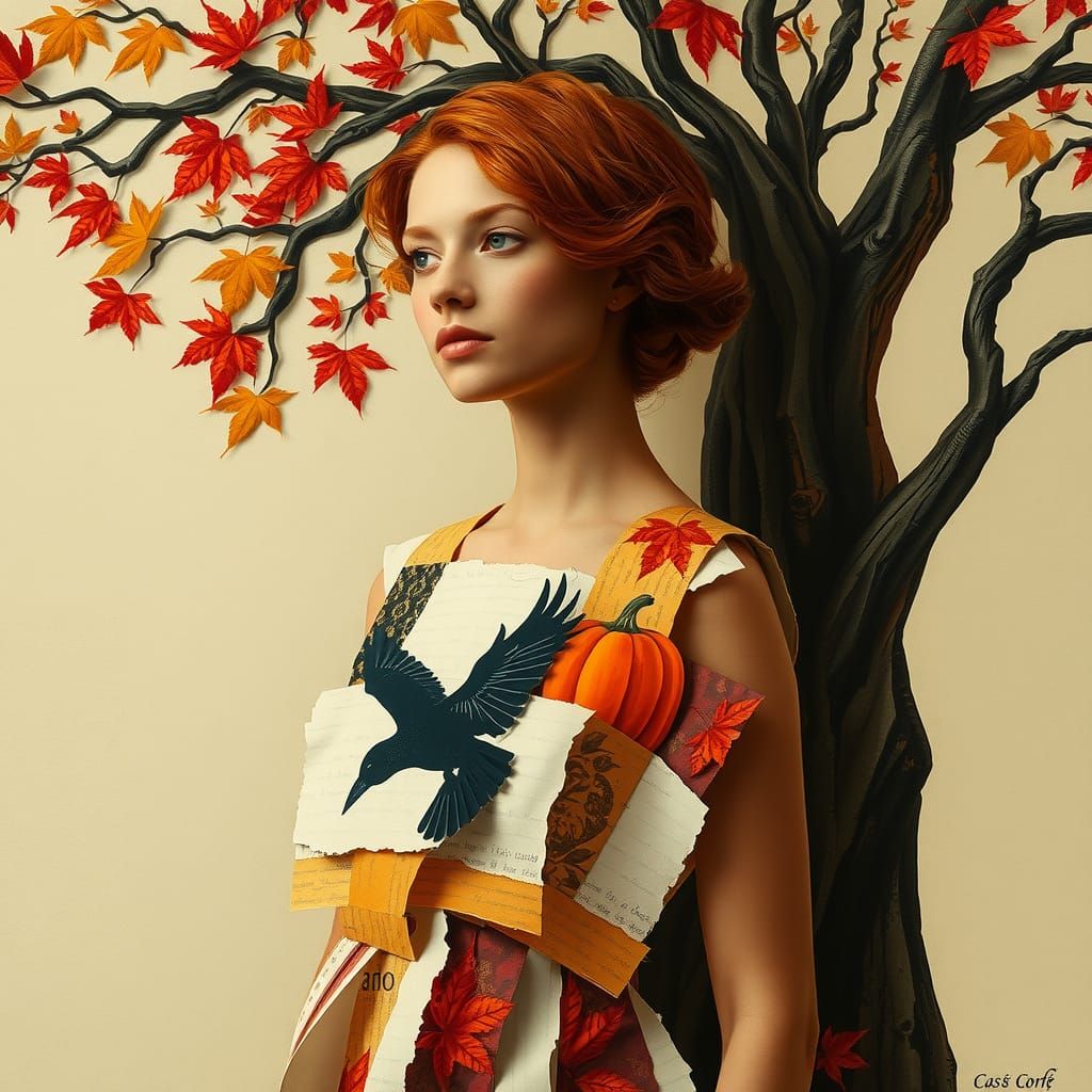 Autumn Woman in Surreal Cubist Paper Collage