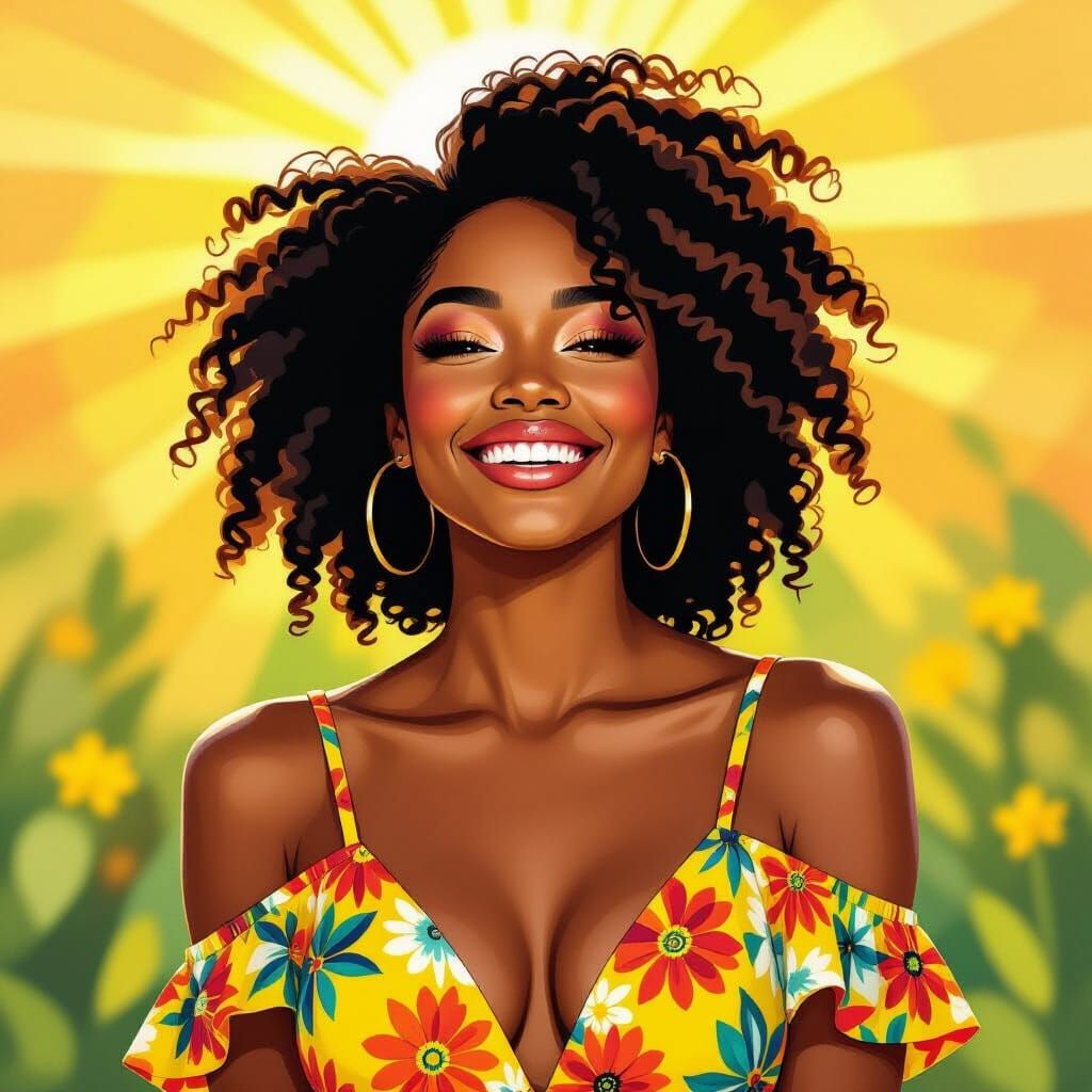 Radiant Black Woman in Sundress, Vibrant Art Style