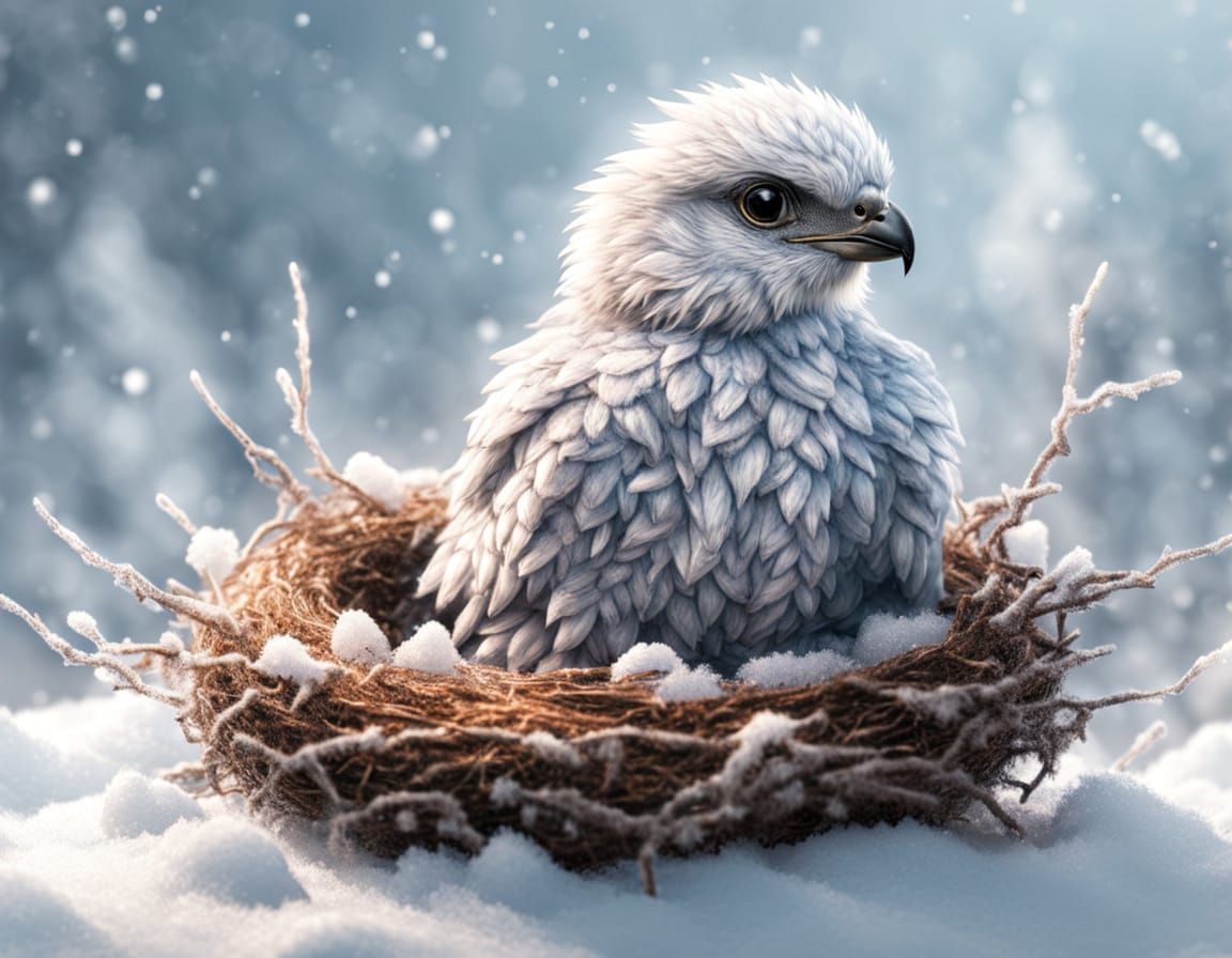 Adorable Baby Hawk in Snowy Nest