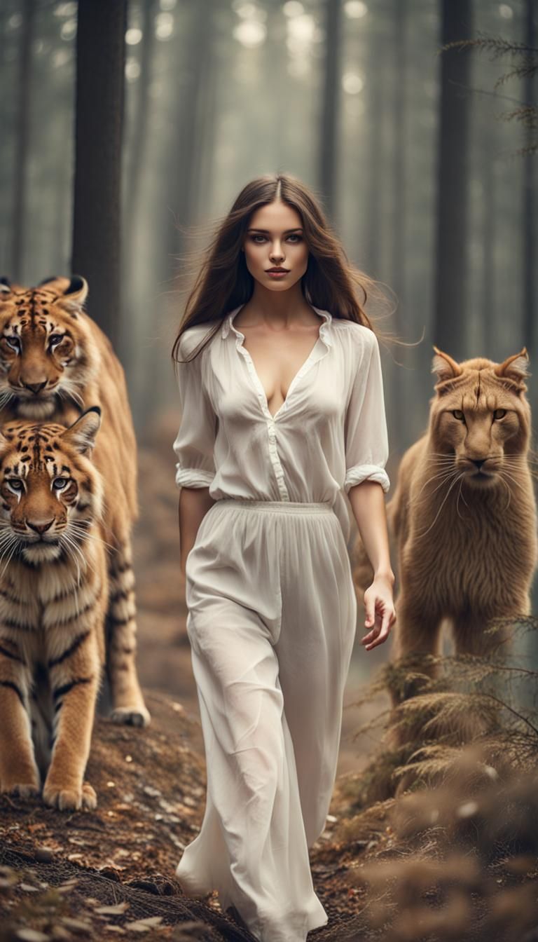 Girl in Forest with Big Cats