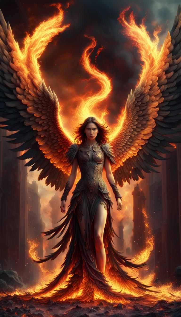 Fallen Angel with Fiery Phoenix Wings