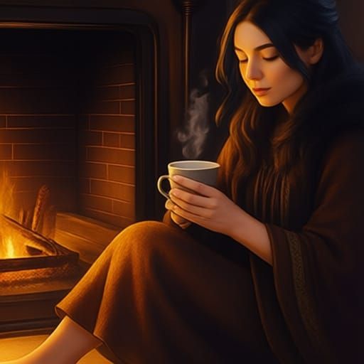 Cozy Fireplace Scene with Woman and Cat