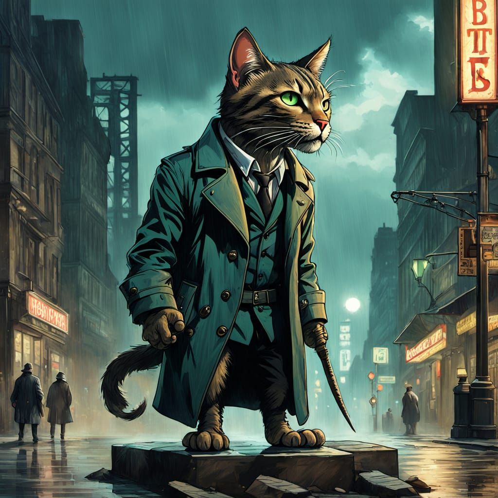 Film Noir Tabby Cat Detective in Rainy City