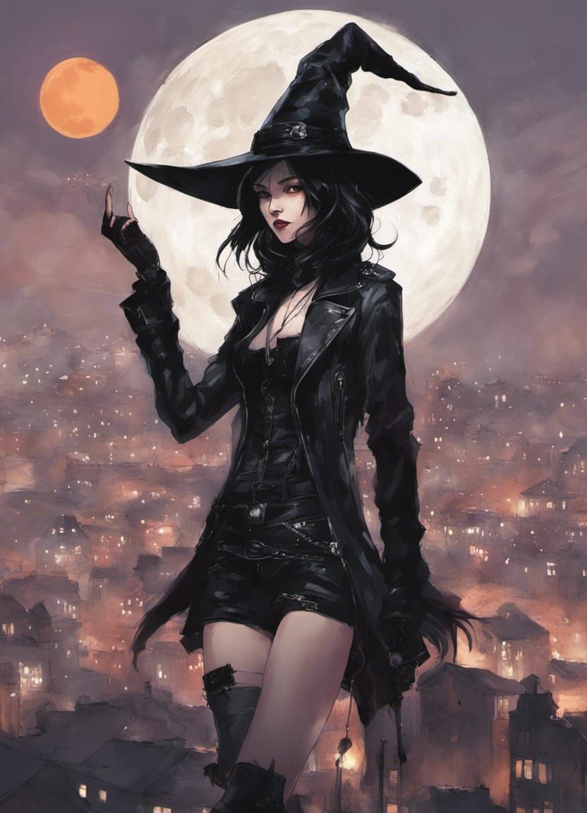 Modern Witch with Mischievous Grin under Full Moon