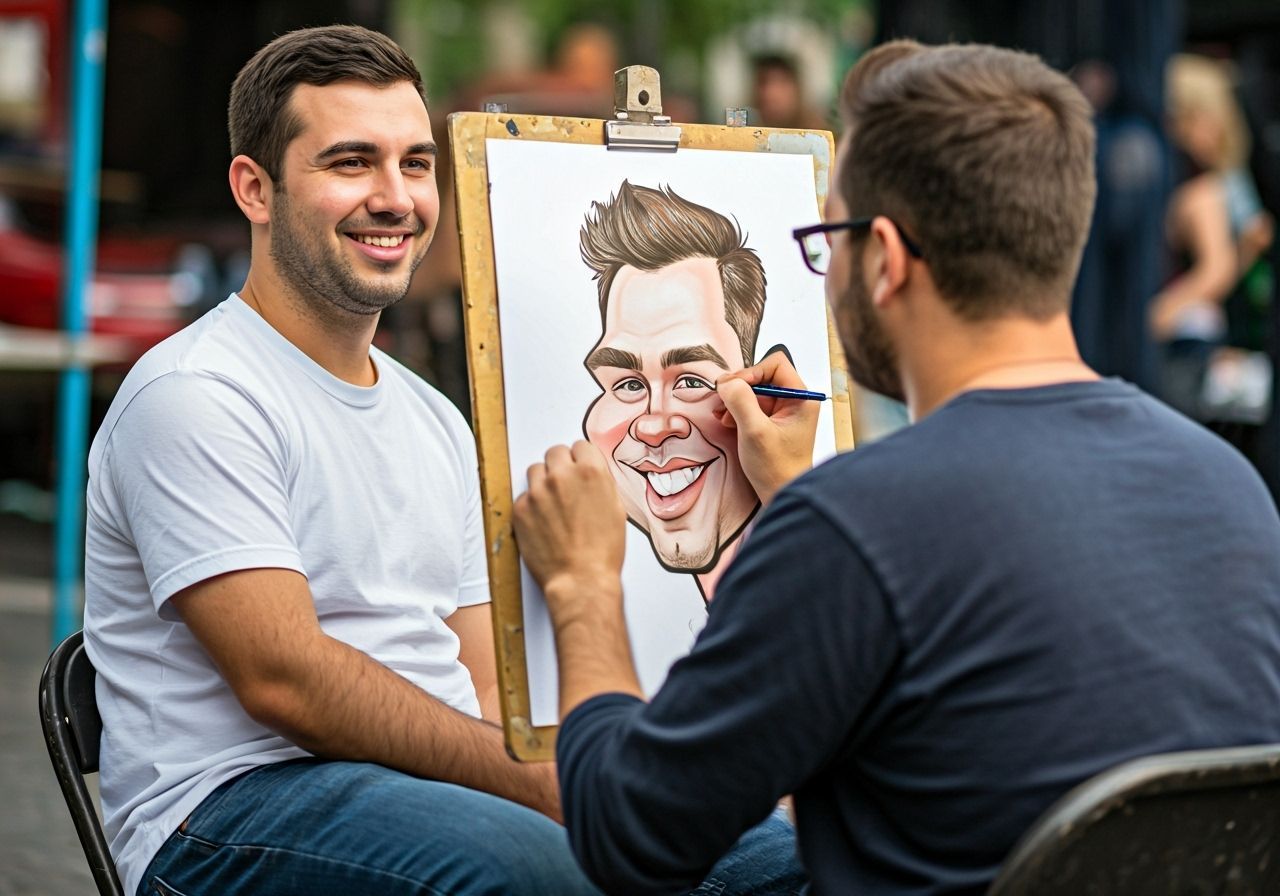 Caricature Artist Drawing Boyfriend's Face at Street Fair