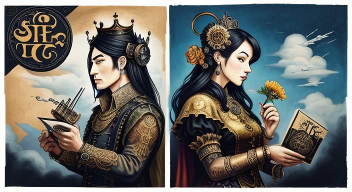 Steampunk Ink Drawings: Baby, Flowers, Royalty in Sky