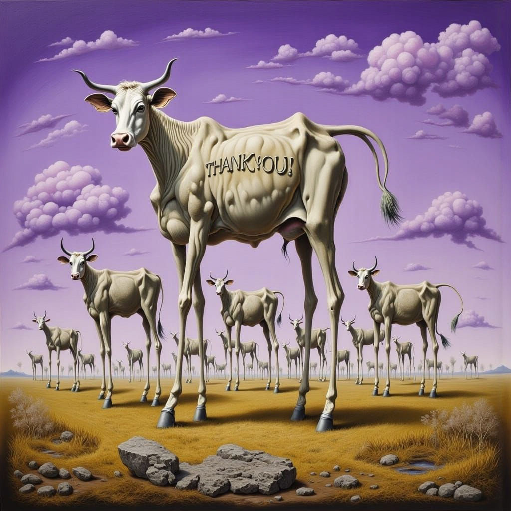 Surreal Cows Express Gratitude in a Dreamlike Landscape