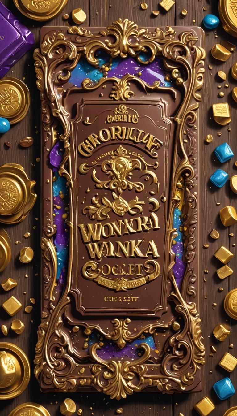 Whimsical Golden Ticket Embedded in Wonka Chocolate Bar