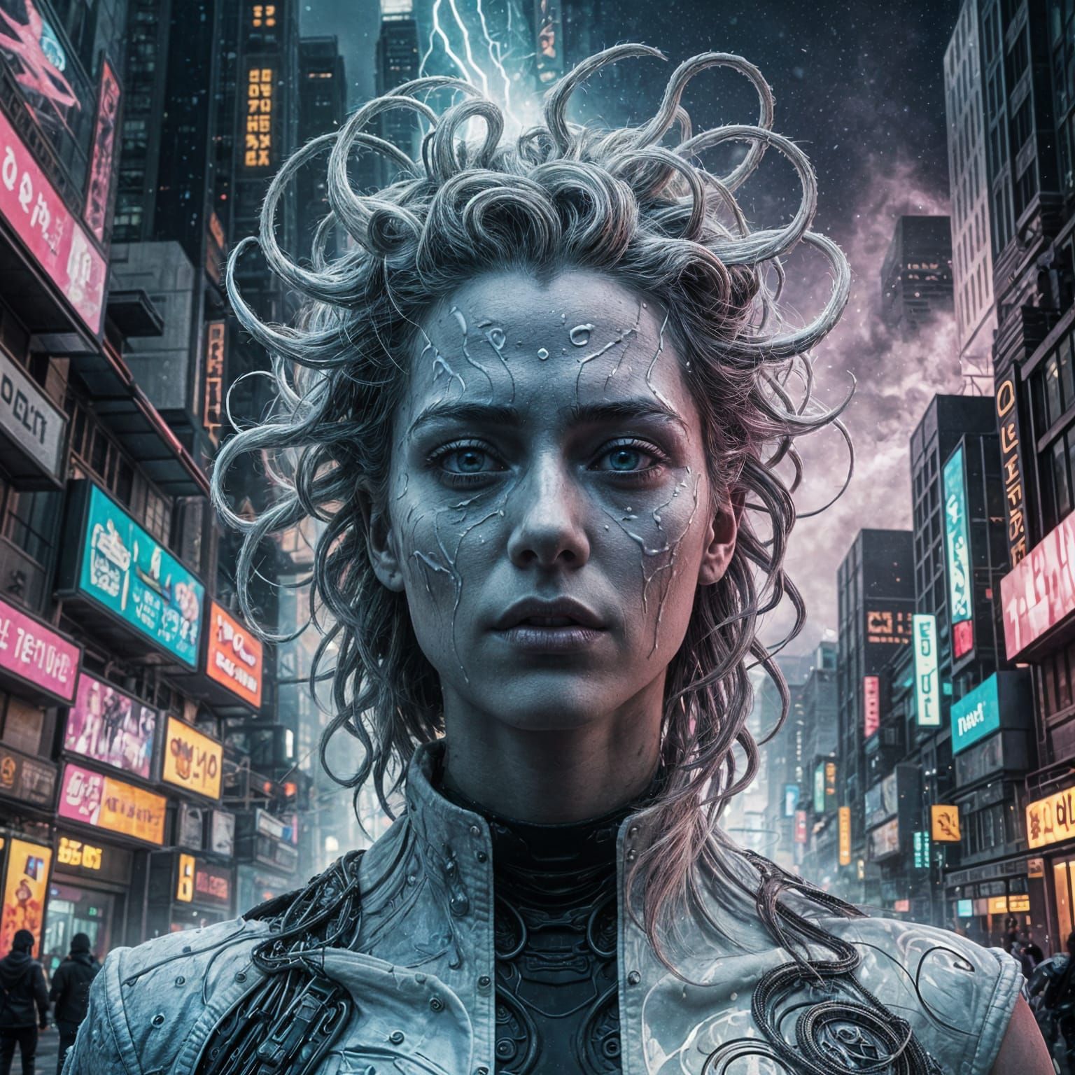 Cosmic Horror Emerges in Cyberpunk Cityscape