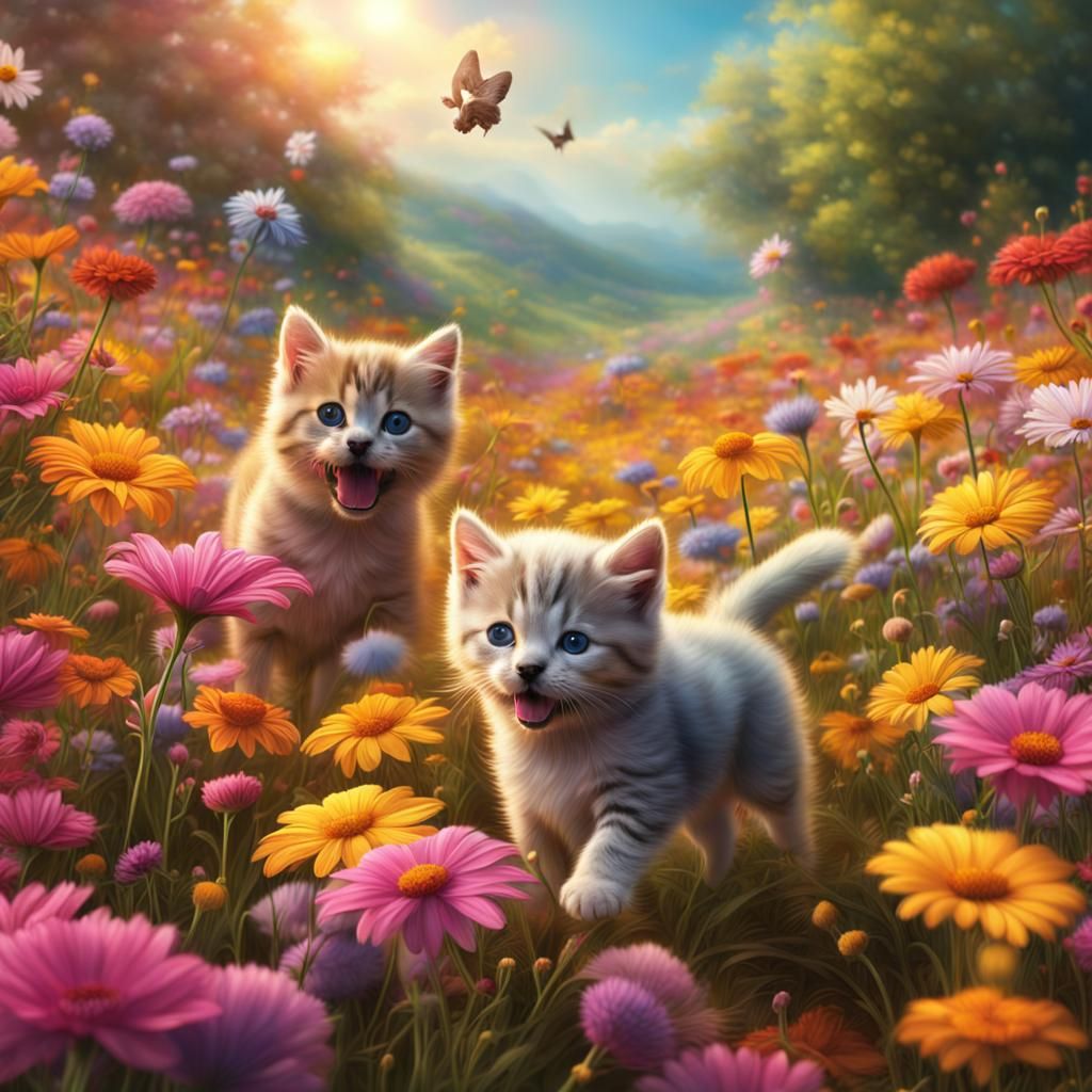Puppy and Kitten Frolic in Flower Field