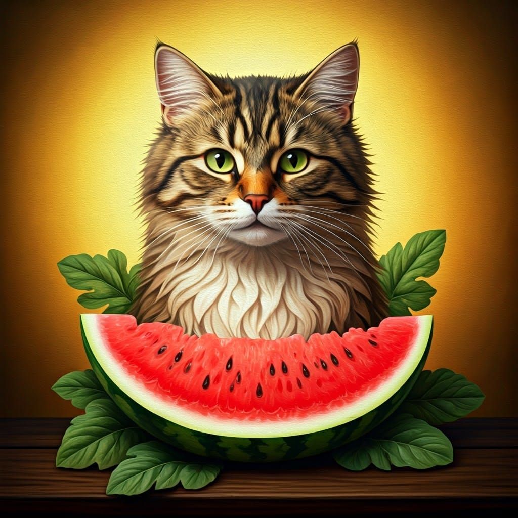 Whimsical Watermelon Cat in Sunlit Summer Landscape