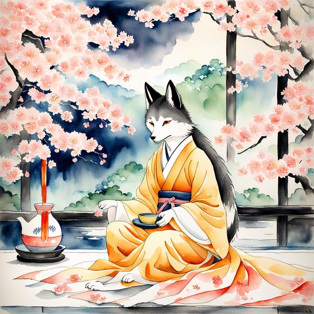 Kitsune Tea Ceremony in Watercolor Style