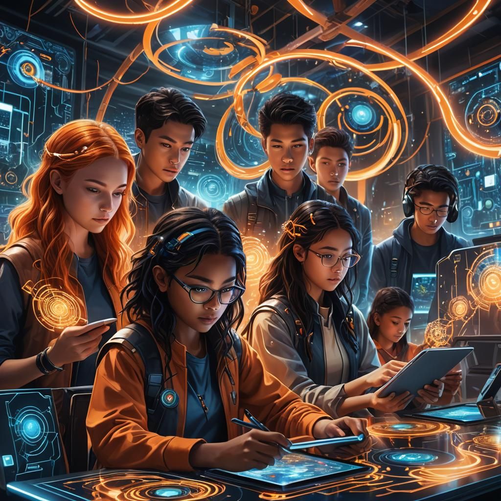 Futuristic Classroom with Students Using Educational Apps