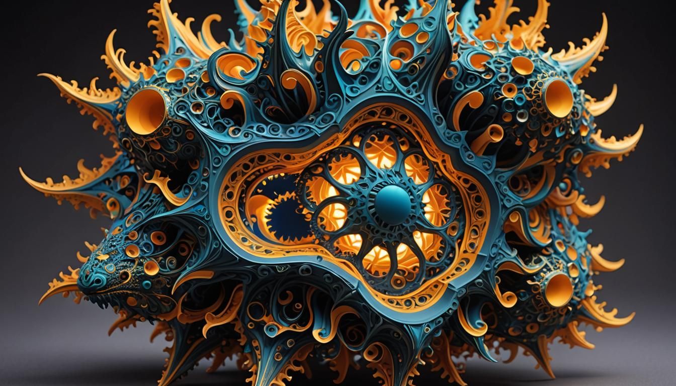 Kirigami Fractal Creature Devouring Cube in Digital Illustra...