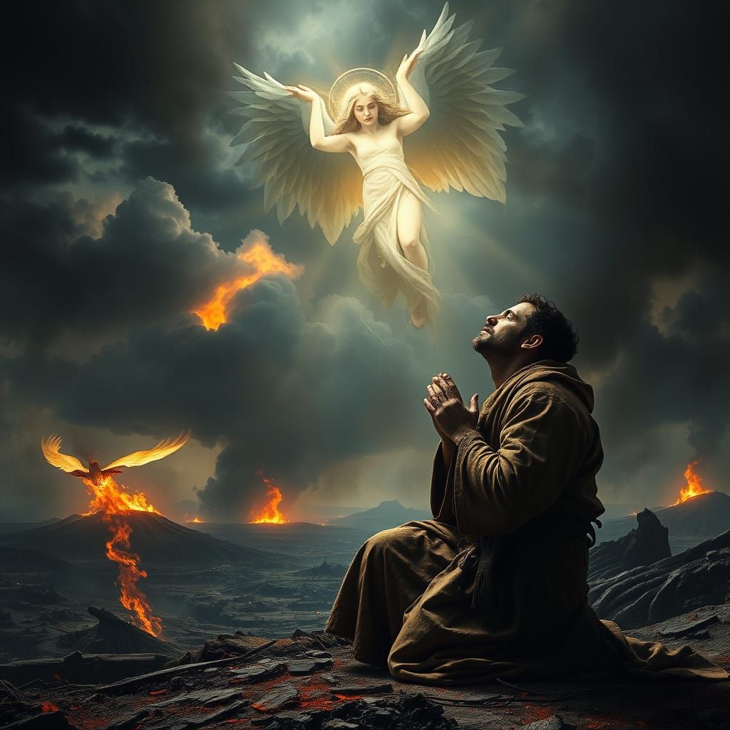 Hope Amidst Desolation: A Kneeling Man and His Angelic Savio...