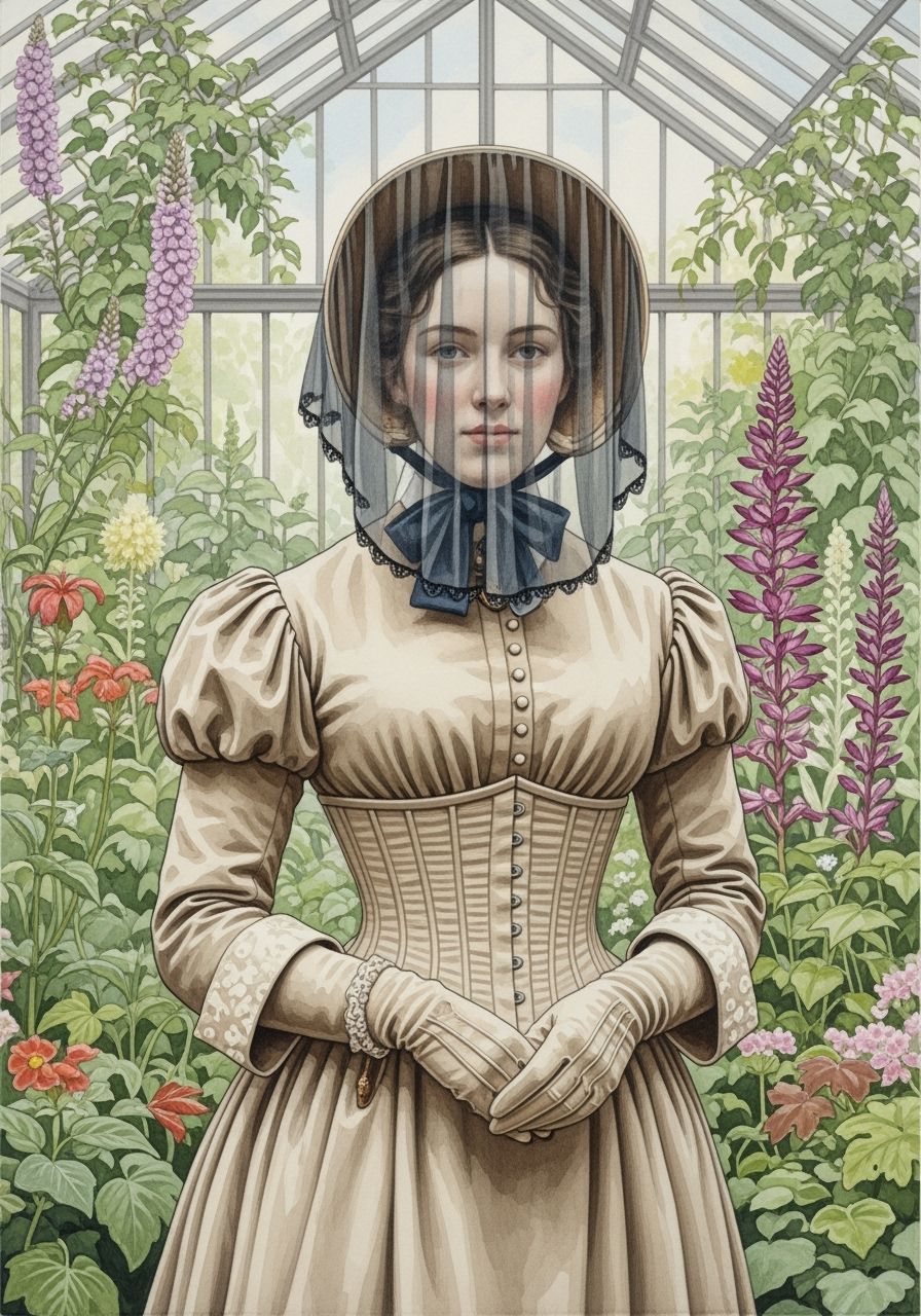 Victorian Woman in Botanic Garden, Watercolor Painting