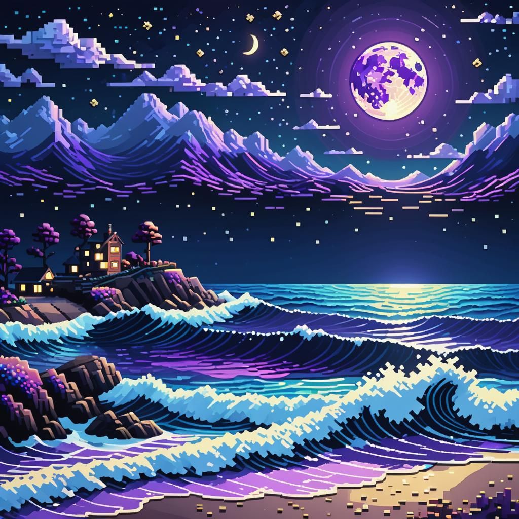 Pixel art style landscape of the ocean at night. The October...