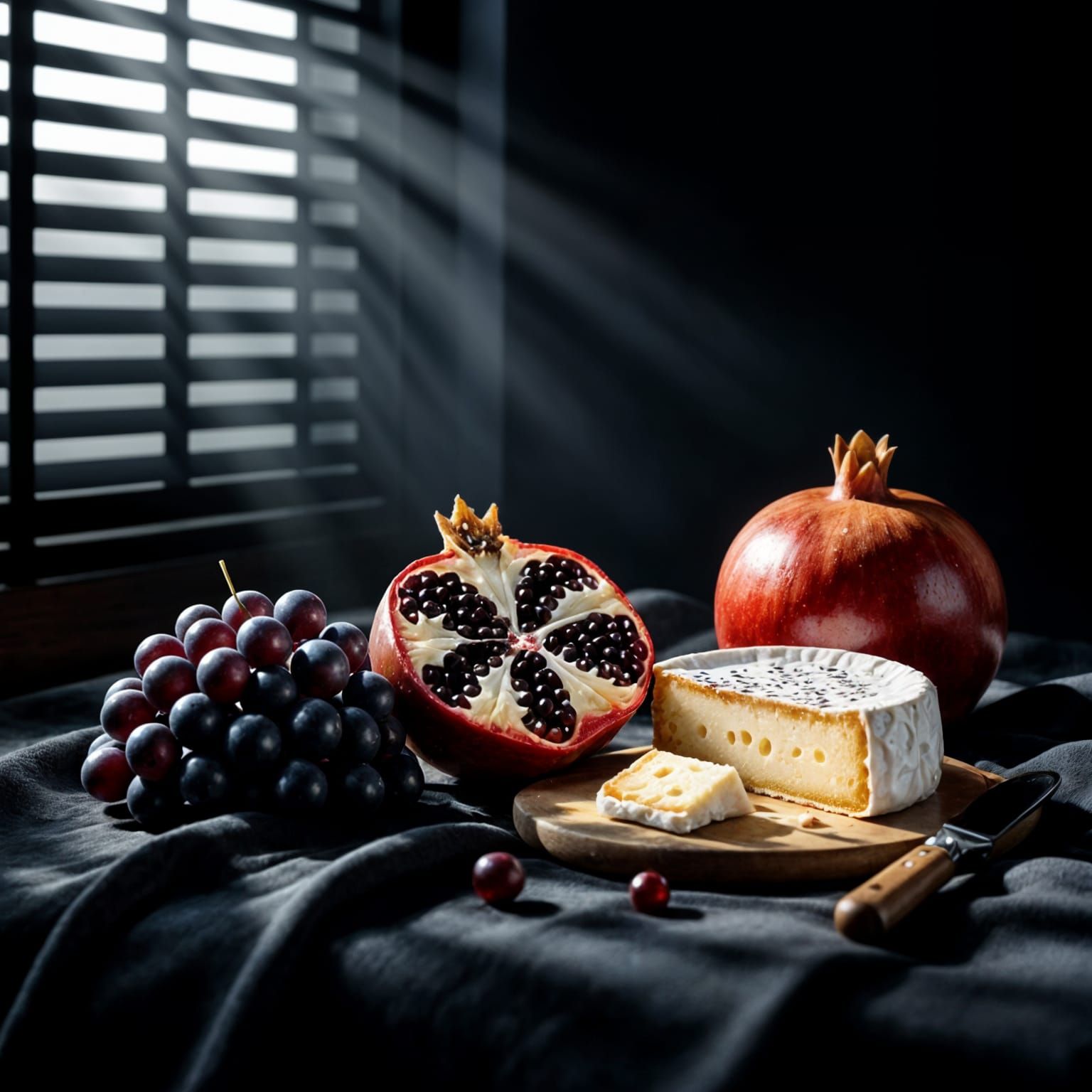 Hyperrealistic Still Life: Grapes, Pomegranate, and Cheese