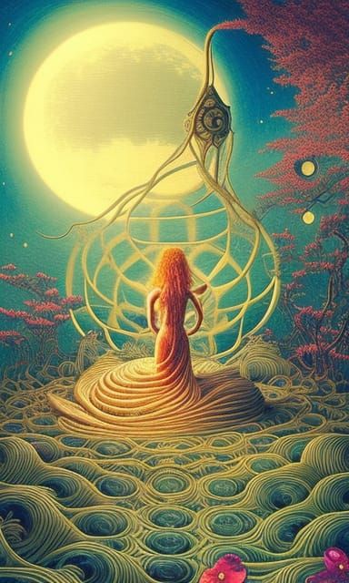 Celestial Woman in Floral Bed, Surreal Fairytale Art