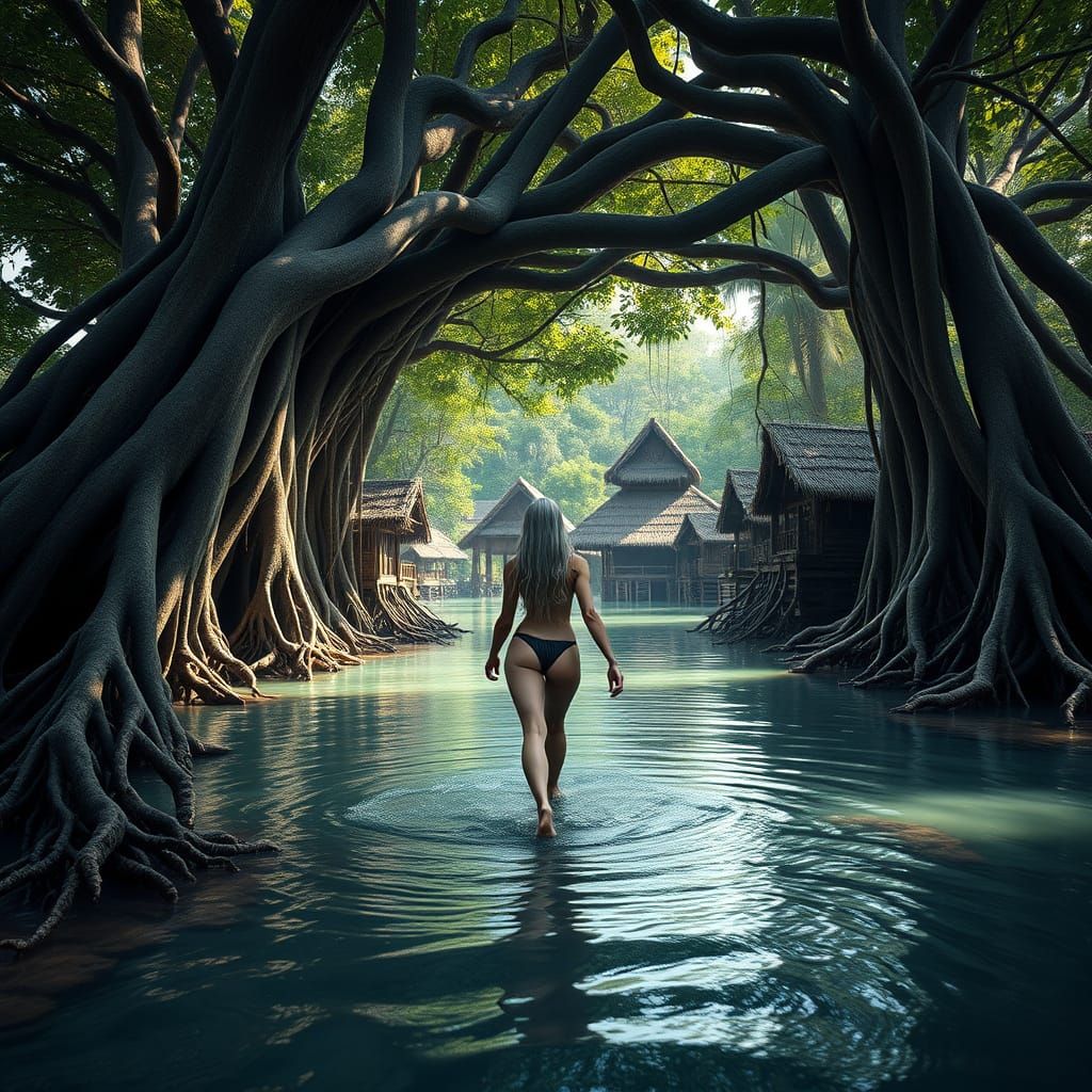 Polynesian Village in Mangrove Tree as Fantasy Art