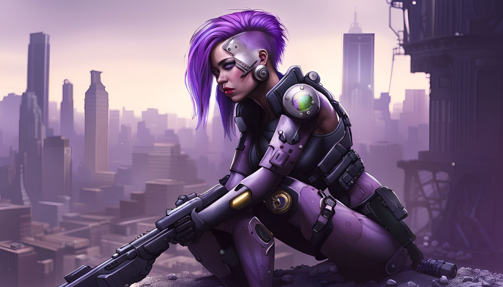 Cyborg with Gun in Dystopian Cyberpunk City