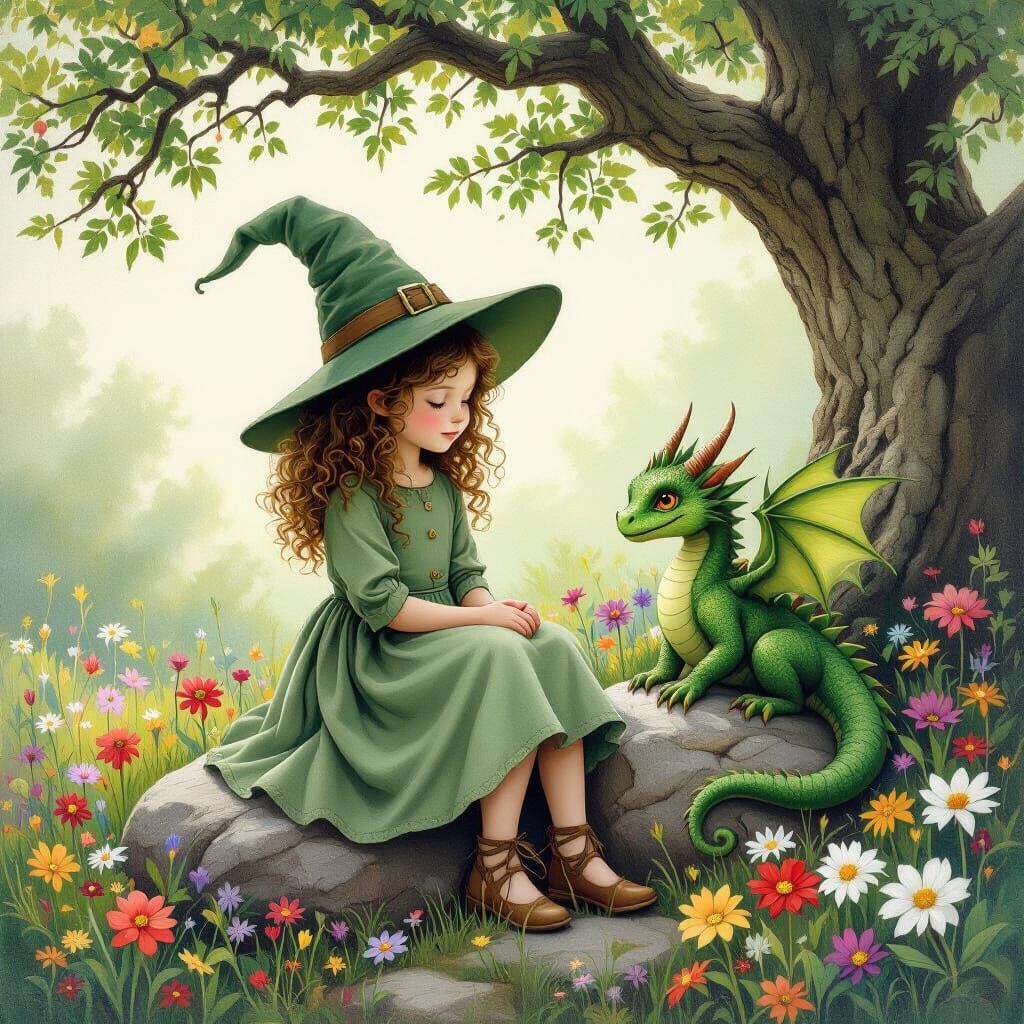 Little Girl Witch and Dragon in Flower Garden