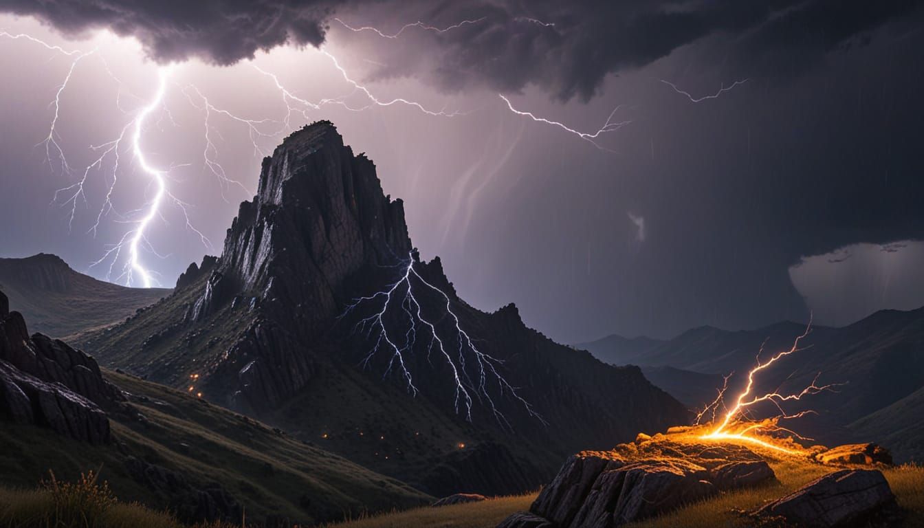 Ancient Creature on Mountain Ridge Amidst Lightning Storm