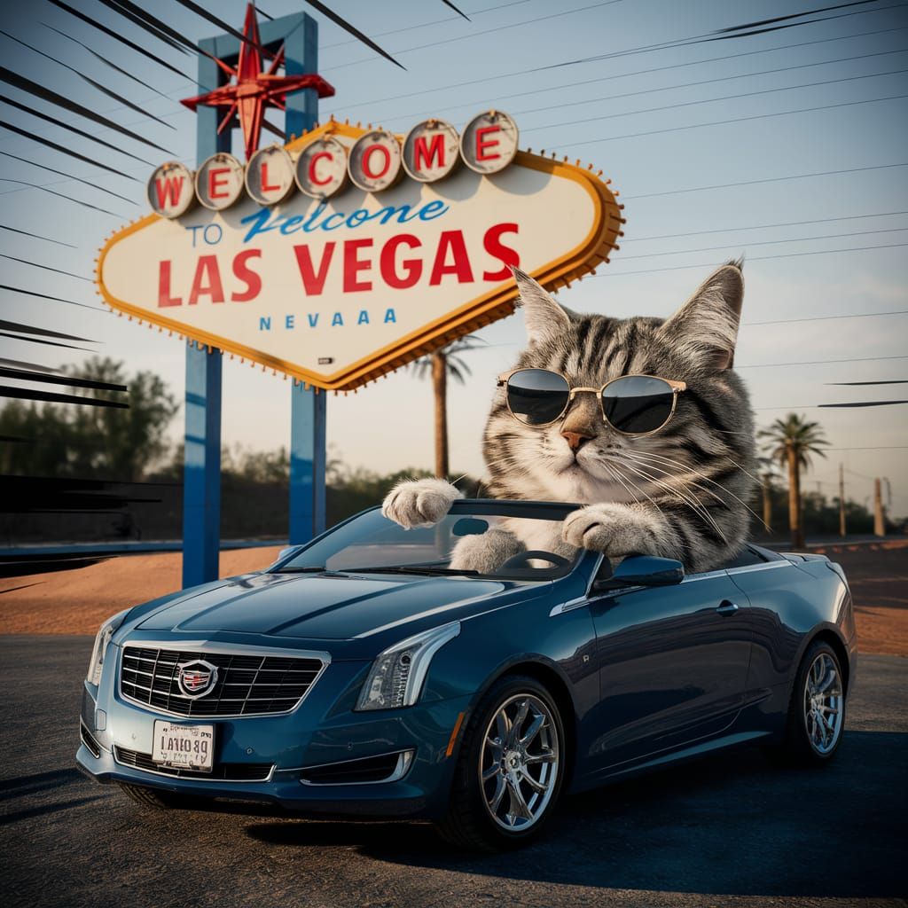Tabby Cat Drives in Las Vegas: Photorealistic Scene