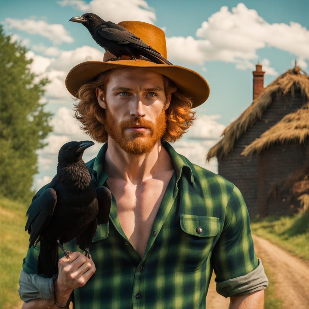 Handsome Scarecrow with Crow and Witch Hat