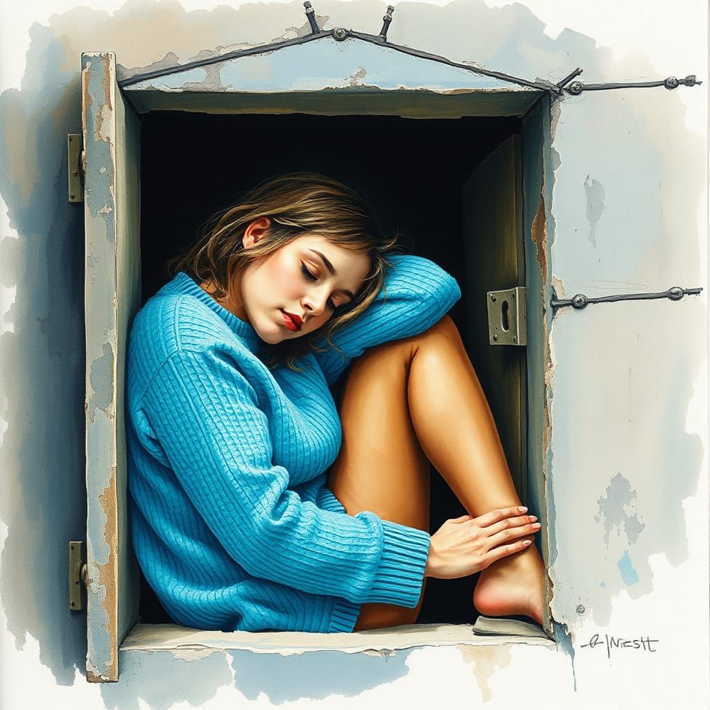 Woman Sleeping in Stone Alcove: Gouache Watercolor Painting