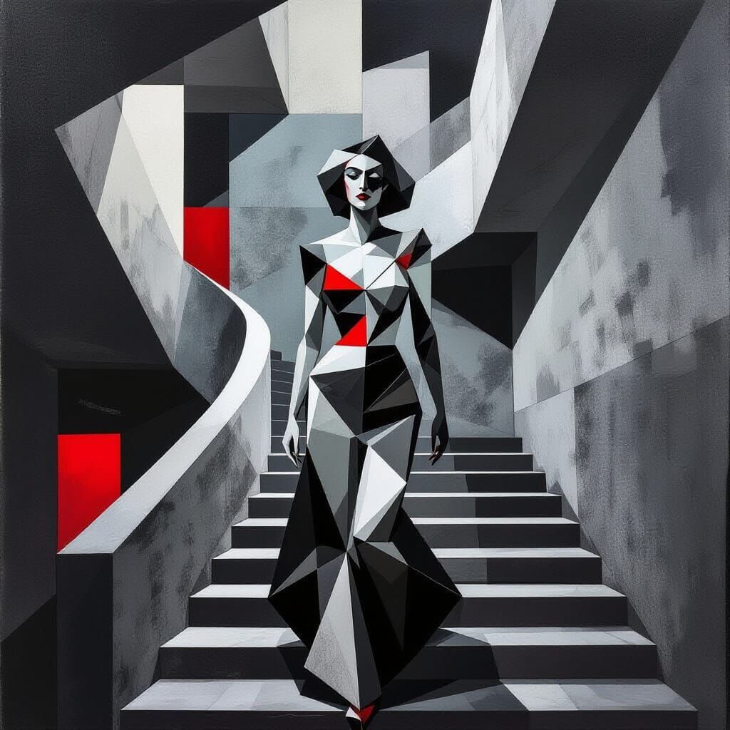 Cubist Woman Navigates Brutalist Stairwell in Black and Whit...