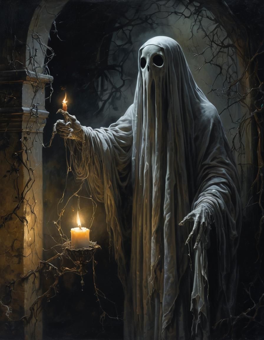 Victorian Oil Painting: Small Ghost with Candle