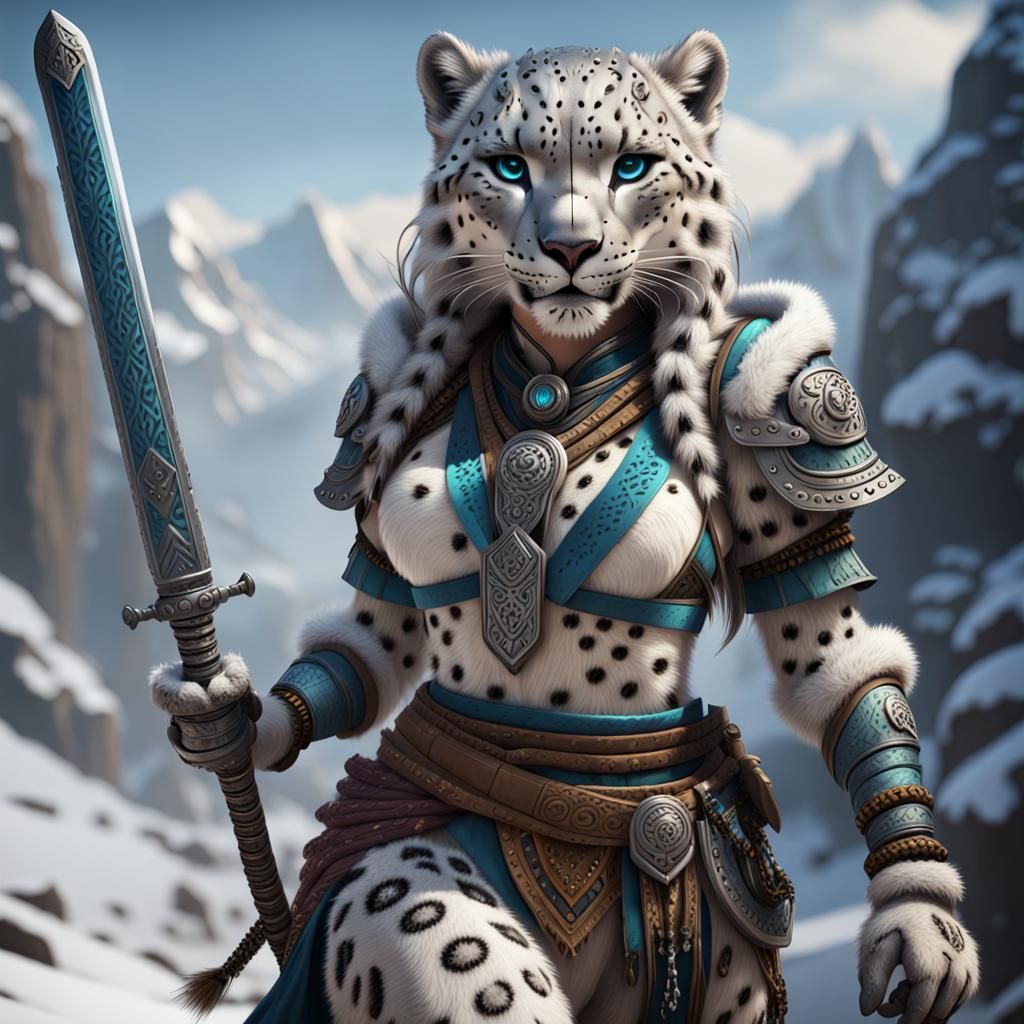 Anthropomorphic Snow Leopard Warrior with Saber