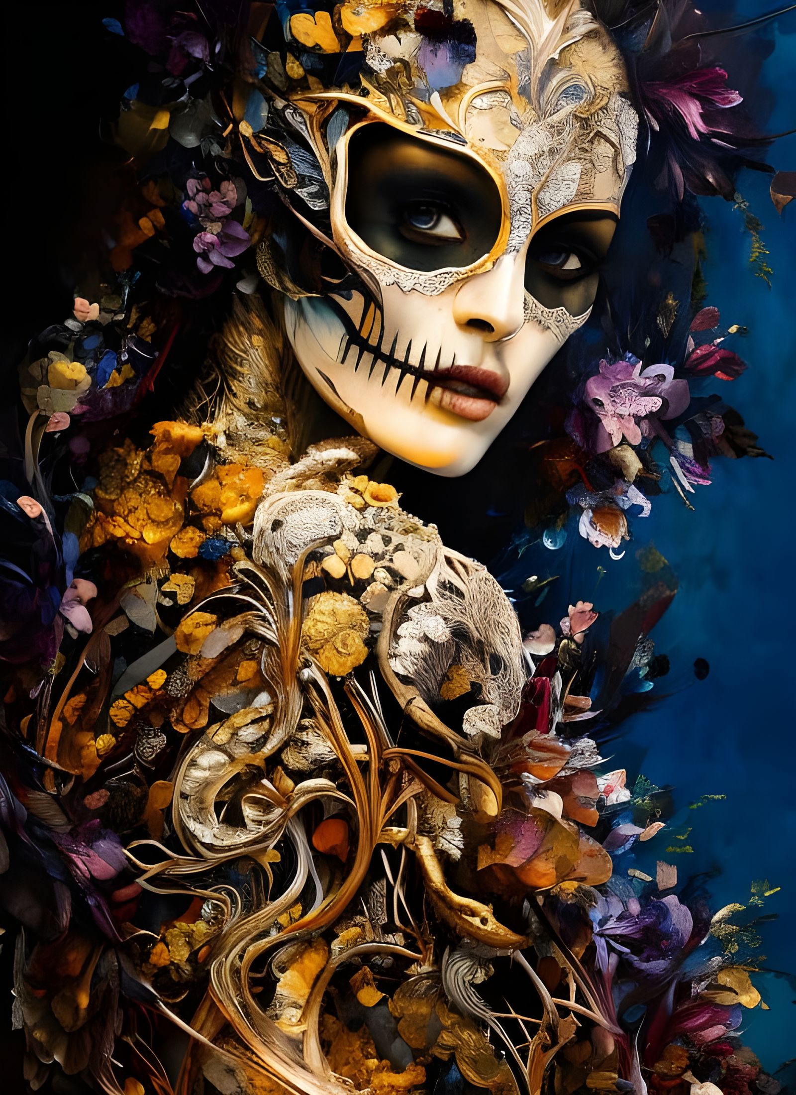 Exotic Skeleton Portrait in Oil Stained Gouache