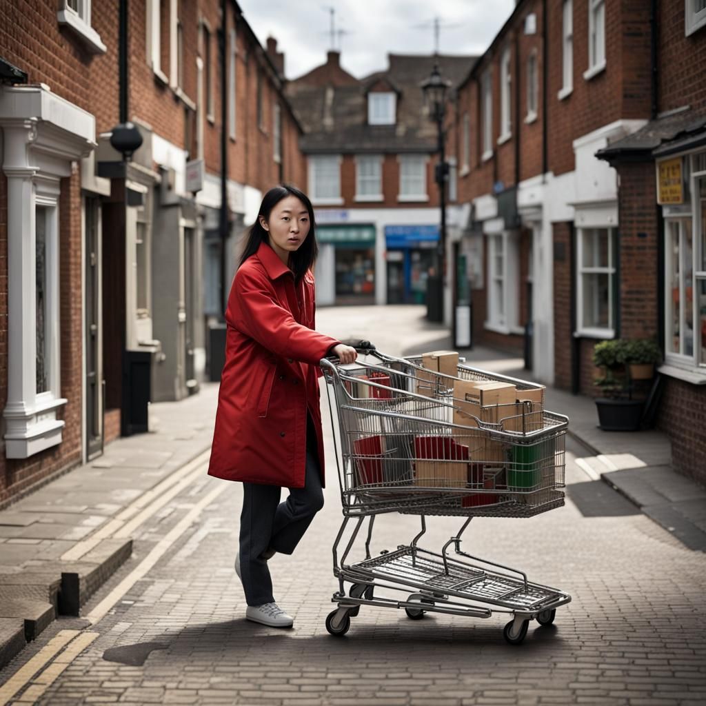 Woman with Empty Trolley on English Street