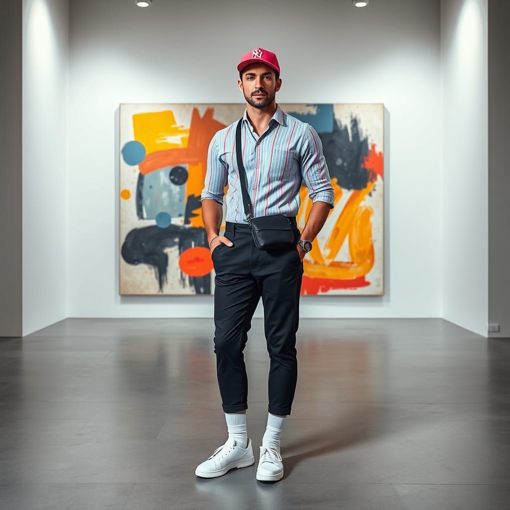 Stylish Man in Brutalist Gallery, Modern Streetwear