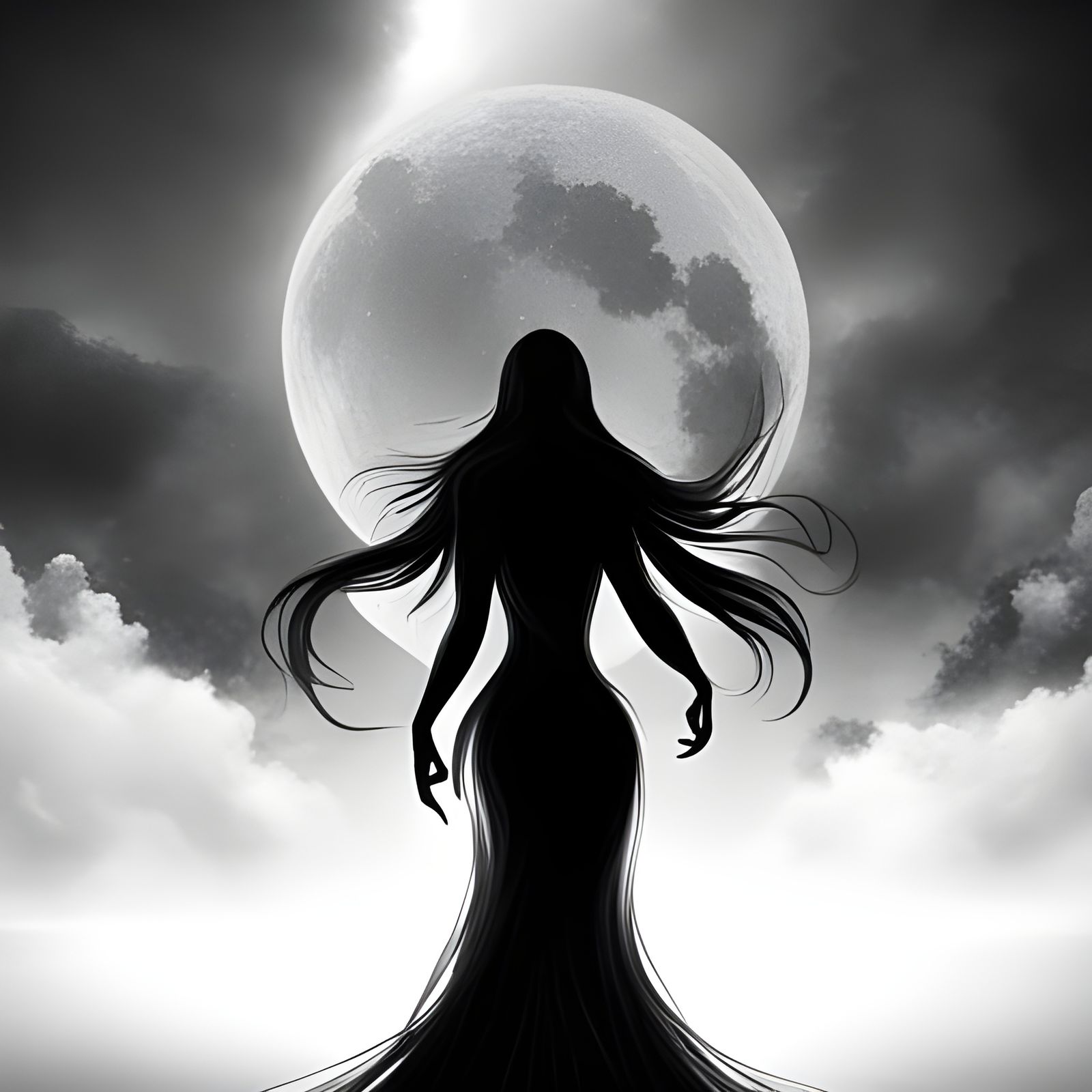 Silhouette of Woman Before Moon, Digital Matte Painting