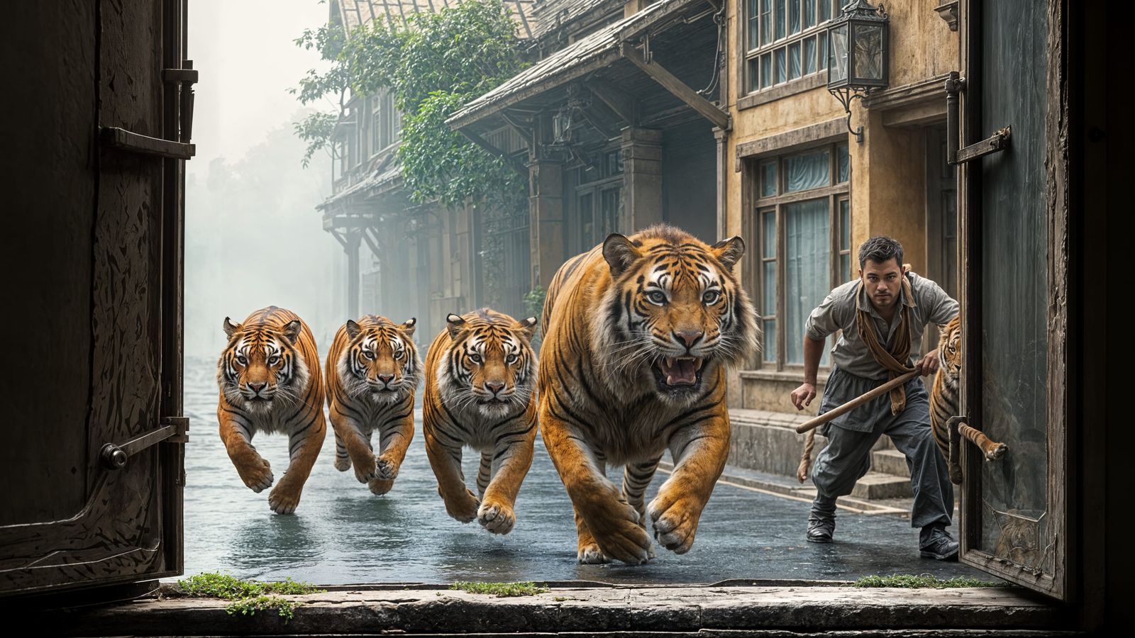 Wild Tigers Chased by Brave Men through a Casement Window Vi...