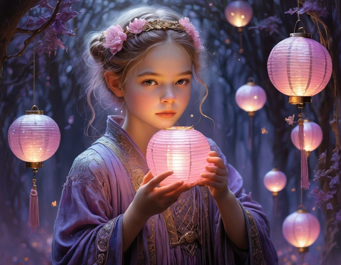 Child Light-Bearer with Magical Lantern in Fairy Dust